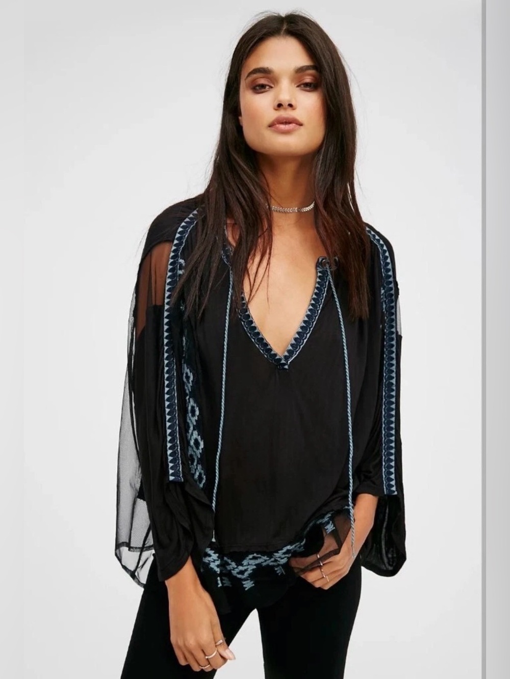 Free People Eden Embroidered Blouse XS Oversized Black Blue Boho Peasant Top